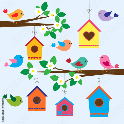 Tapeta ścienna Kolorowe birdhouses na wiosnę