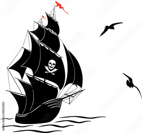 Naklejka samoprzylepna Sylwetka starego statku piratów żaglowych i dwie mewy