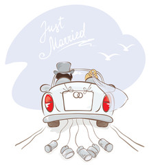 Newlyweds in a car