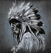 Tattoo Art, Portrait Of American Indian Head Over Dark Backgroun