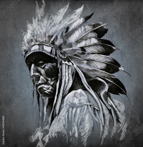 Obraz w ramie Tattoo art, portrait of american indian head over dark backgroun