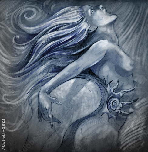 Obraz w ramie Nude mermaid illustration in blue colors with shine effects