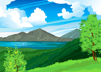 Sticker - Summer landscape with volcano and lake Batur. Indonesia, Bali.