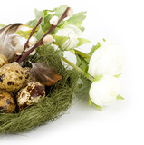 Fototapeta Dziecięca - Nest with Easter quail eggs with flowers