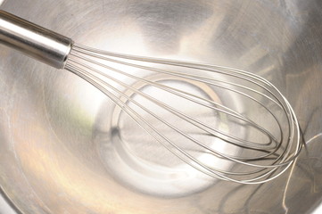 Gray Metallic whisk in a metal bowl ready for cooking