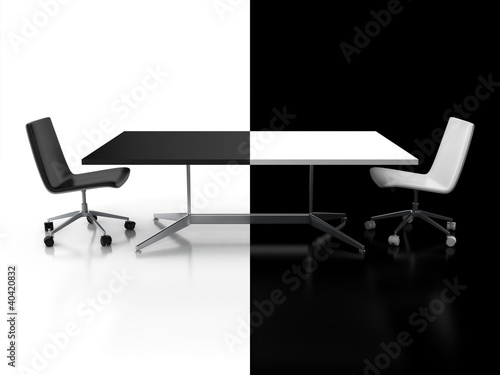 Nowoczesny obraz na płótnie negotiations, confrontation 3d concept - black and white desk