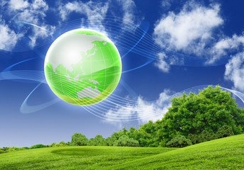 Wall Mural - Green nature landscape with planet Earth