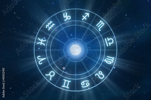 Foto-Leinwand mit Rahmen - Zodiac Signs Horoscope with universe as background (von pixel)