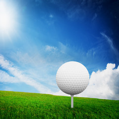 Wall Mural - Playing golf. Ball on tee on green golf field