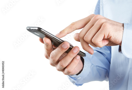 Fotografia Close up of man using smart phone isolated on white background