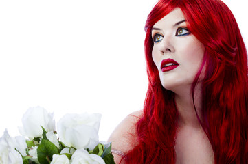 A beautiful fiery red haired woman with white rose. Spring conce