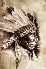 Indian Head Chief Illustration. Sketch of tattoo art, over vinta