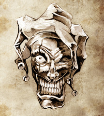 Papier Peint - Fantasy clown joker. Sketch of tattoo art over dirty background