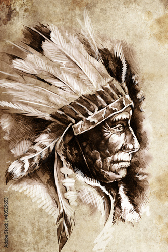 Nowoczesny obraz na płótnie Indian Head Chief Illustration. Sketch of tattoo art, over vinta