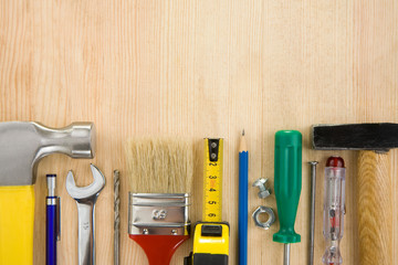 tools on wood texture background