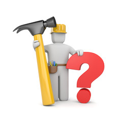 3d worker with hammer and question