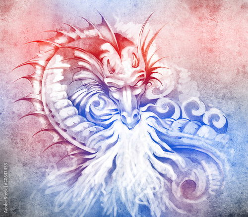 Fototapeta na wymiar Sketch of tattoo art, fantasy medieval dragon with white fire