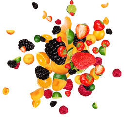 Wall Mural - Fresh fruit pieces mix, isolated on white background