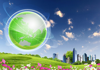 Wall Mural - green nature landscape with planet earth