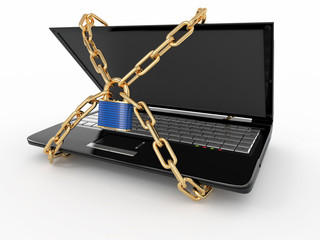 Poster - Pc security. Laptop with chain and lock