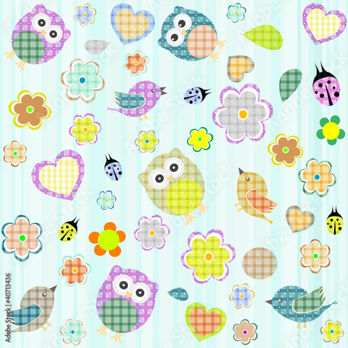 Obraz w ramie Seamless flowers and owl pattern in vector