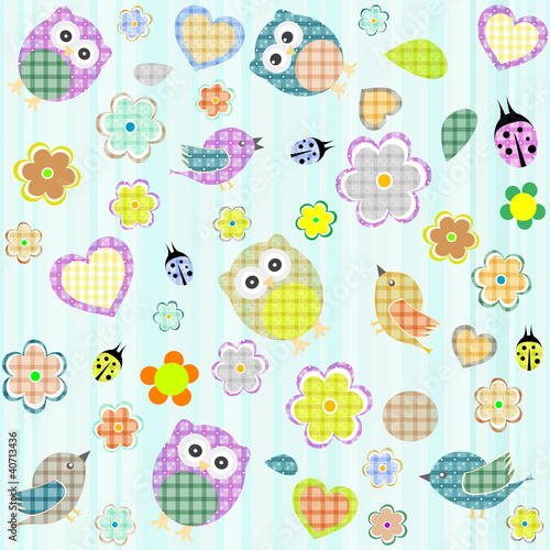 Naklejka - mata magnetyczna na lodówkę Seamless flowers and owl pattern in vector