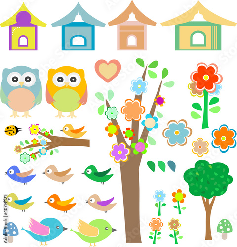 Tapeta ścienna Ustawić ptaki z birdhouses, sowy, drzewa i kwiaty