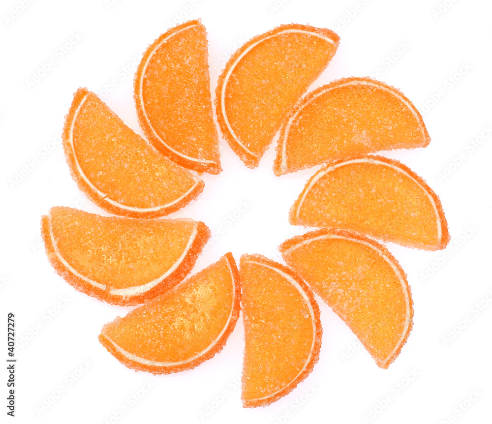 orange jelly candies isolated on white