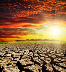 Wall Mural - drought earth with red clouds and sunset