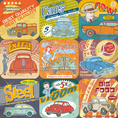 Vintage car advertisements seamless pattern