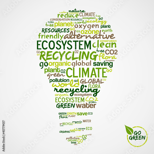 Fototapeta na wymiar Go Green. Words cloud about environmental conservation in bulb