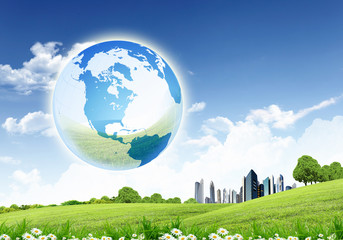 Wall Mural - green nature landscape with planet earth