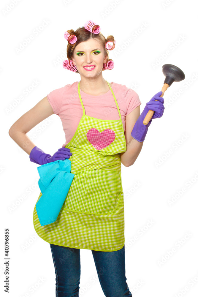 beautiful young housewife isolated on white