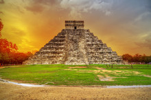 Kukulkan Pyramid In Chichen Itza At Sunset, Mexico