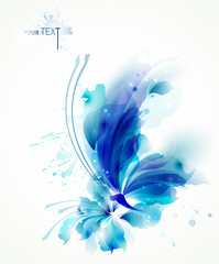 Fototapete - Tender background with blue abstract flower and butterfly on it