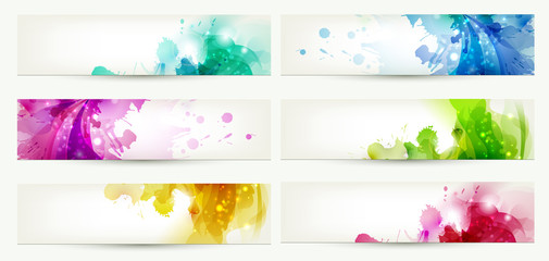 set of six banners, abstract headers with varicolored blots