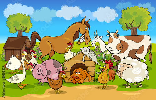 Naklejka - mata magnetyczna na lodówkę cartoon rural scene with farm animals