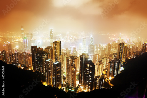 Tapeta ścienna Hongkong wyspa od szczytu Wiktorii w nocy