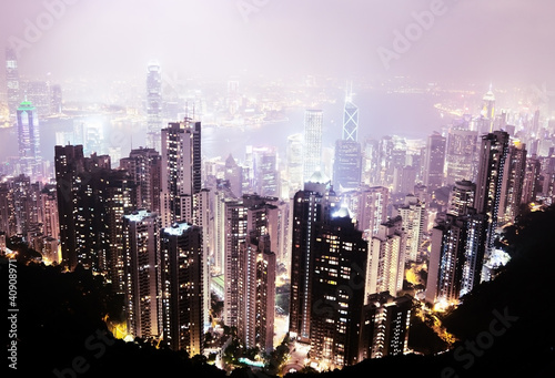 Tapeta ścienna Hongkong wyspa od szczytu Wiktorii w nocy
