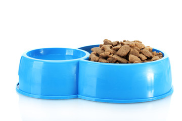 dry dog food and water in blue bowl isolated on white