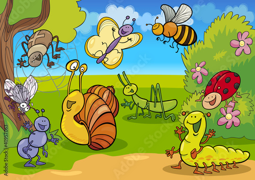 Obraz w ramie cartoon insects on the meadow