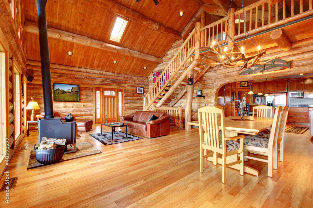 Obraz na płótnie Large luxury log house living room. w salonie