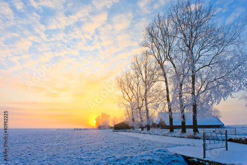 Obraz na płótnie canvas czteroczęściowy "tetraptyk" Zimowy krajobraz o zachodzie słońca