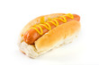 Hot dog with mustard over white