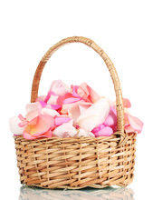 Beautiful Pink Rose Petals In Basket Isolated On White