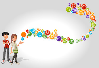 Teenager students and a wave of colorful web icons