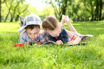 Children in the park reading a book