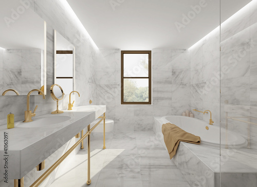 Minimal elegant luxury bathroom, gold white marble Stock Illustration ...