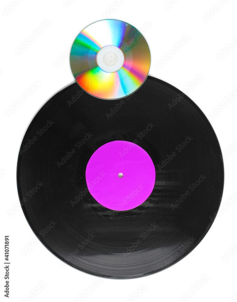 Black vinyl record and CD disk isolated on white