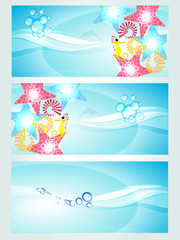Wall Mural - set of three headers displaying waves and water creatures.